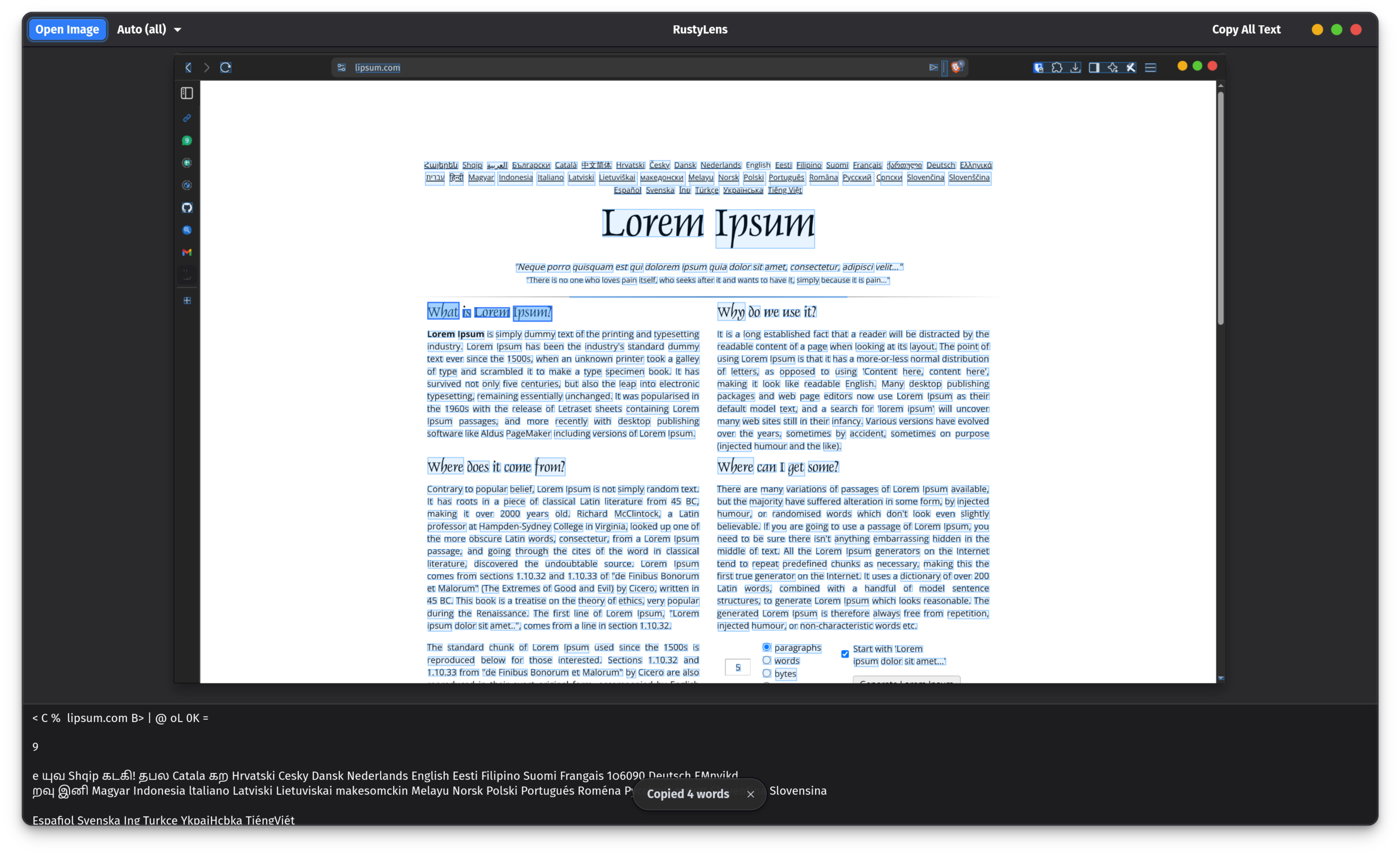RustyLens main window — bounding-box OCR overlay